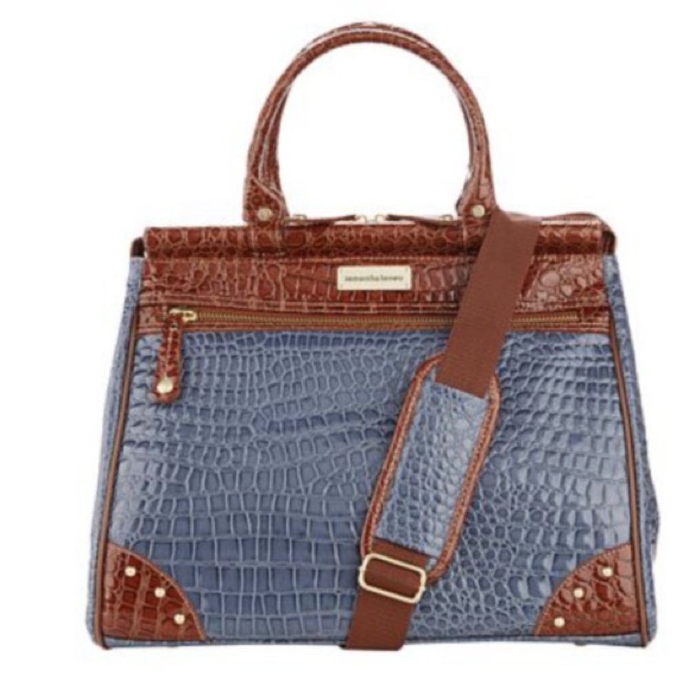 Samantha Brown NEW Croco Embossed Gray Dowel Travel Carry On Bag Crossbody Strap